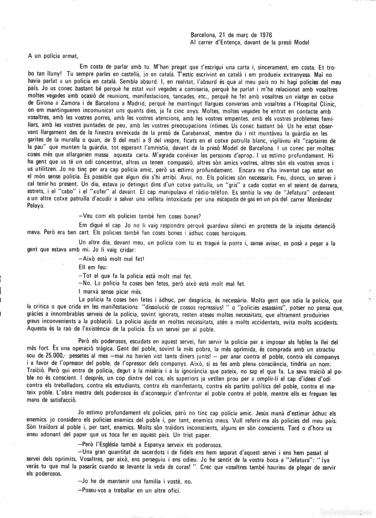 Old Documents: TRANSICION-CARTA DE LLUIS MARIA XIRINACS A UN POLICIA ARMAT-MANIFEST PACISFISTA