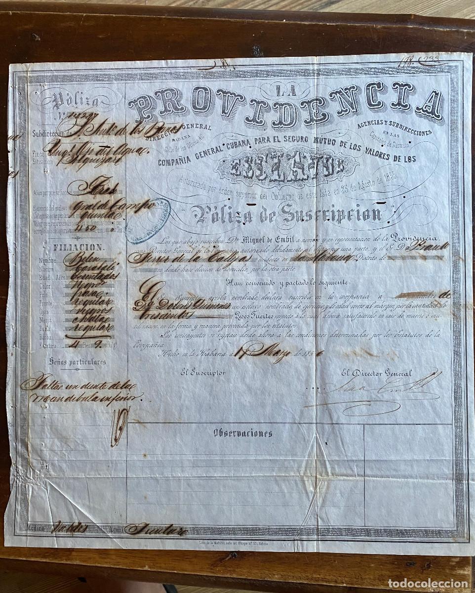 Documentos antiguos: Cuba. Esclavitud. Espectacular P&oacute;liza de Seguro de esclavos. La Providencia. 1856.