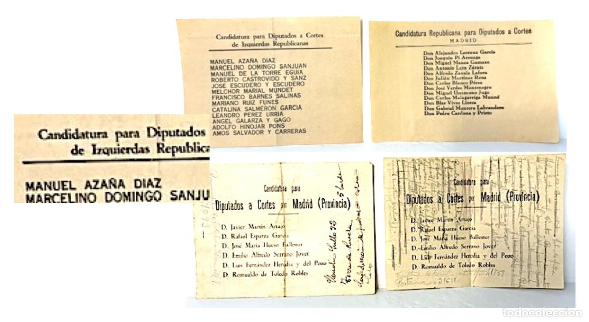Documentos antiguos: 4 antiguas papeletas voto a Candidatura a Cortes (Rep&uacute;blica. Madrid) Izquierda Republicana y otras