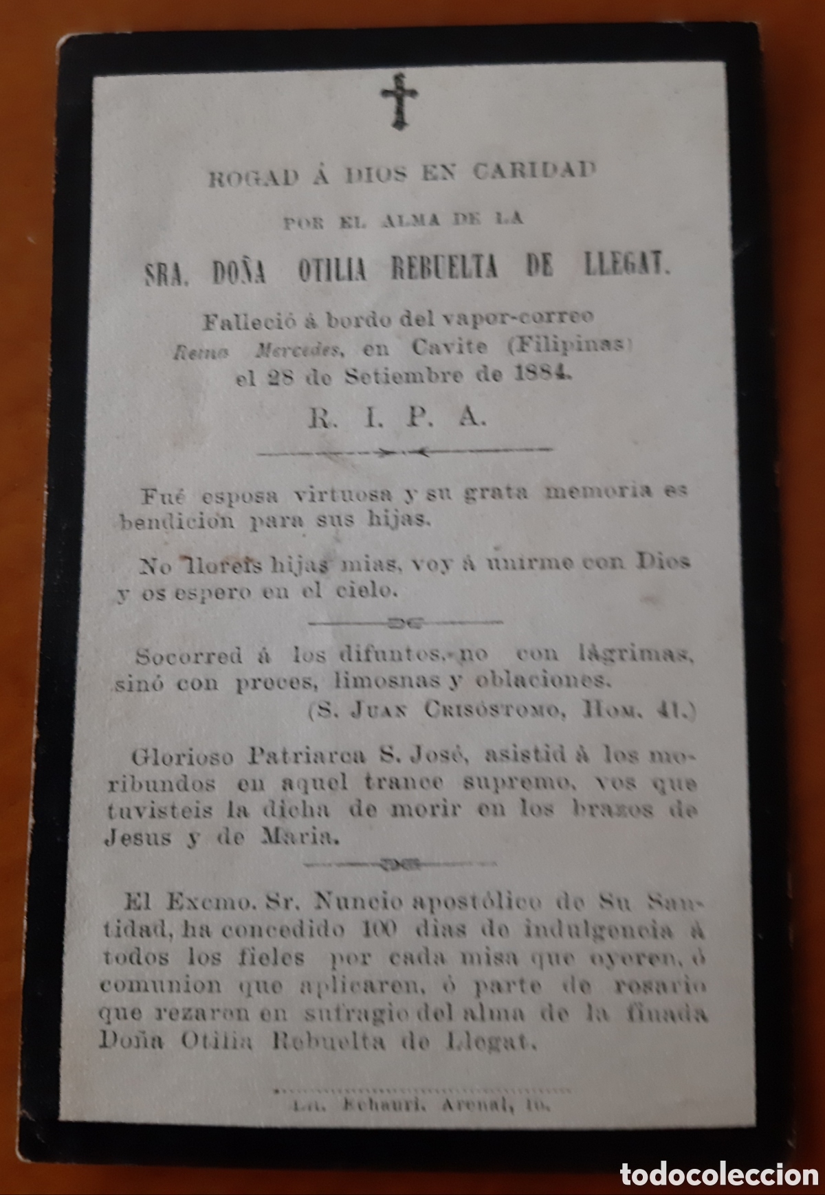 Documentos antiguos: Esquela hist&oacute;rica. Vapor correo Reina Mercedes. Cavite Filipinas 1884. Original. R10190