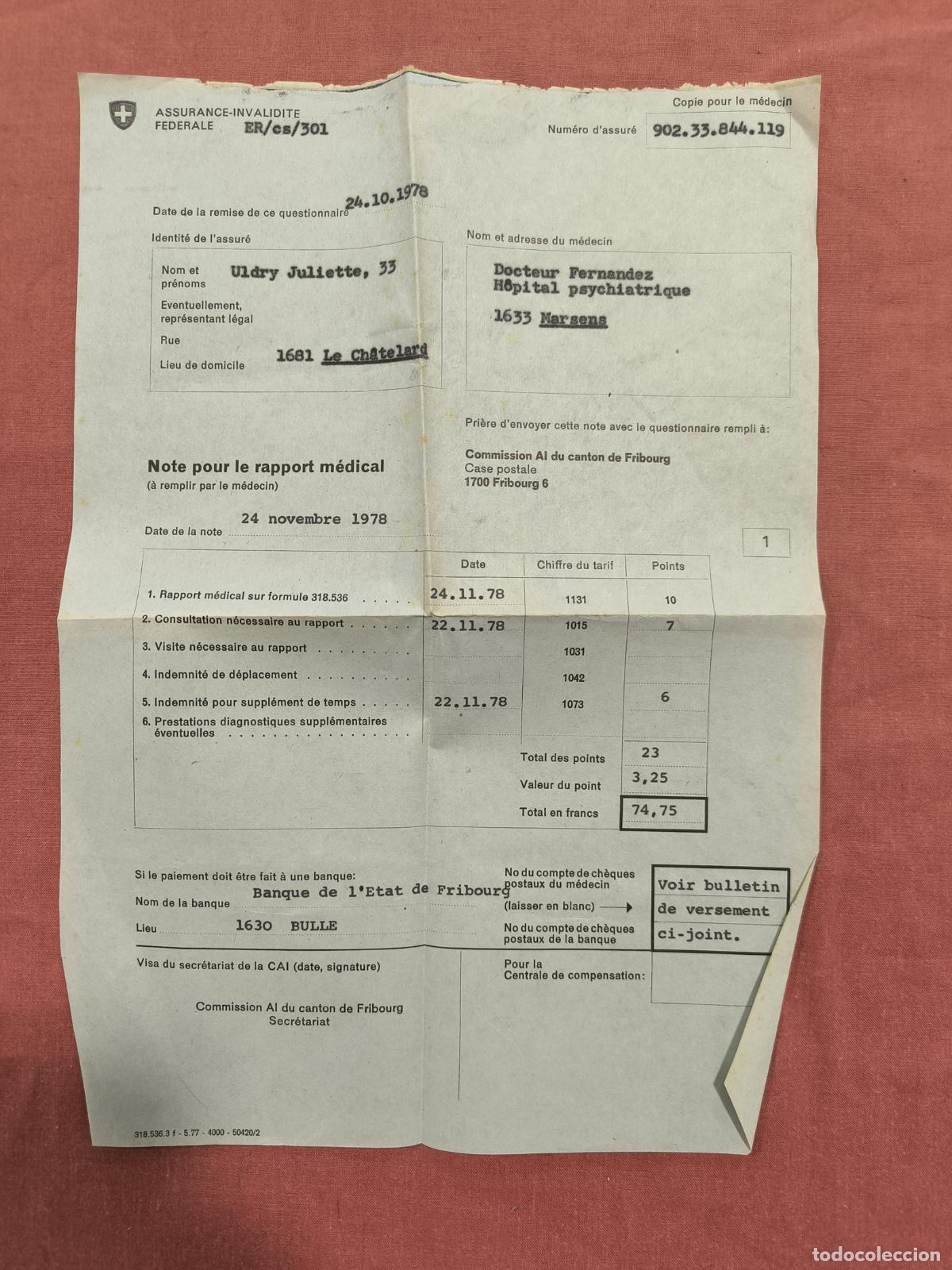 Documentos antiguos: Documento Antiguo Nota Rapport M&eacute;dical Suiza 1970 &ndash; Papel de Coleccionismo