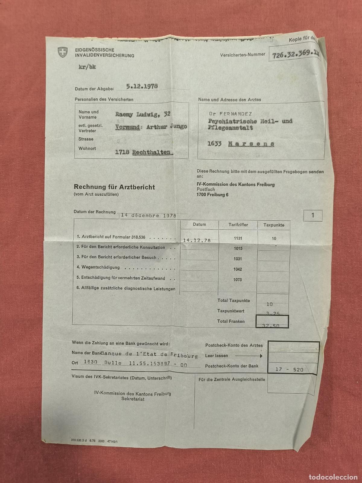 Documentos antiguos: Documento Antiguo Factura Informe M&eacute;dico 1979 &ndash; Papel de Coleccionismo Suiza