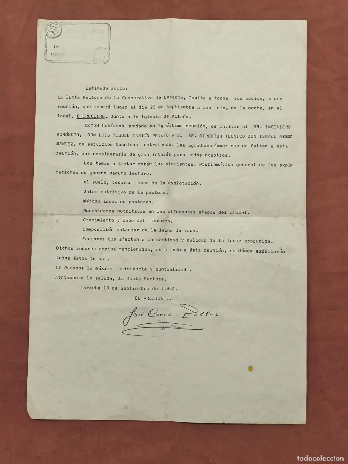 Documentos antiguos: Carta Cooperativa de Laracha 1984 &ndash; Documento Convocatoria Reuni&oacute;n Galicia