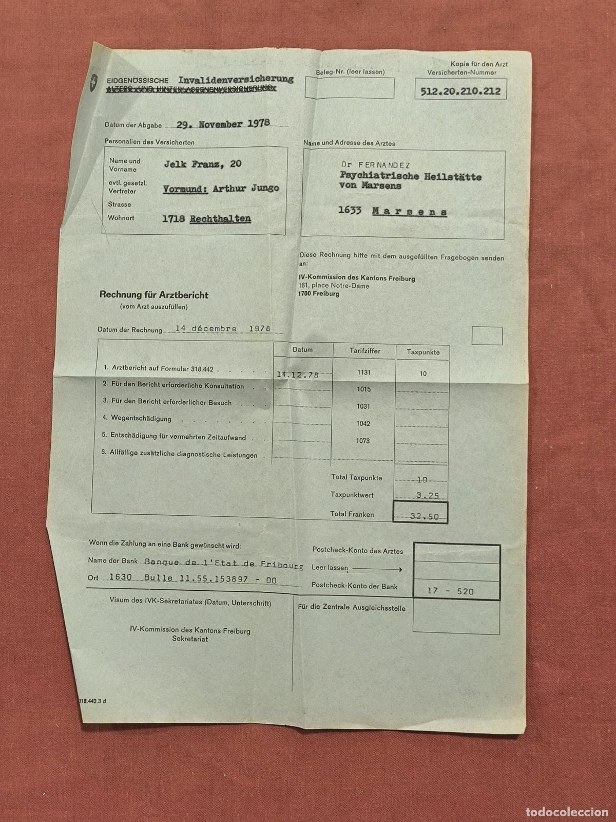 Documentos antiguos: Documento Antiguo Factura Informe M&eacute;dico 1979 &ndash; Papel Coleccionismo Suiza II