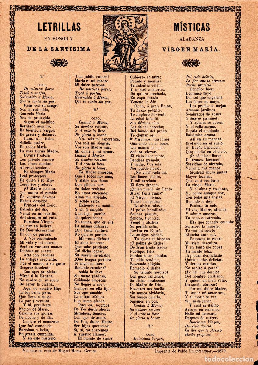 Documentos antiguos: [1879]. Letrillas M&iacute;sticas en honor y alabanza de la Sant&iacute;sima Viegen Mar&iacute;a.