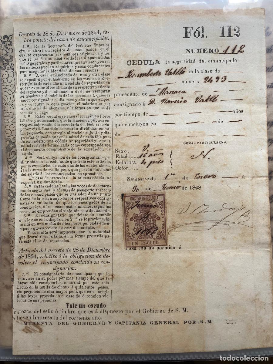 Documentos antiguos: Cuba. C&eacute;dula de esclavo emancipado. 1868.