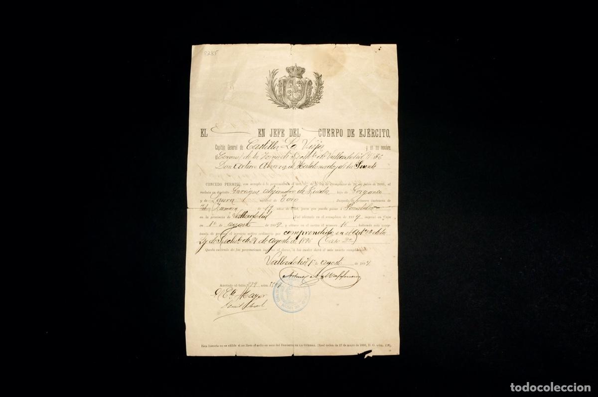 Documentos antiguos: CONCESION DE PERMISO POR SER EXCEPTUADO DE PRESTAR SERVICIO MILITAR ORDINARIO. VALLADOLID 1899