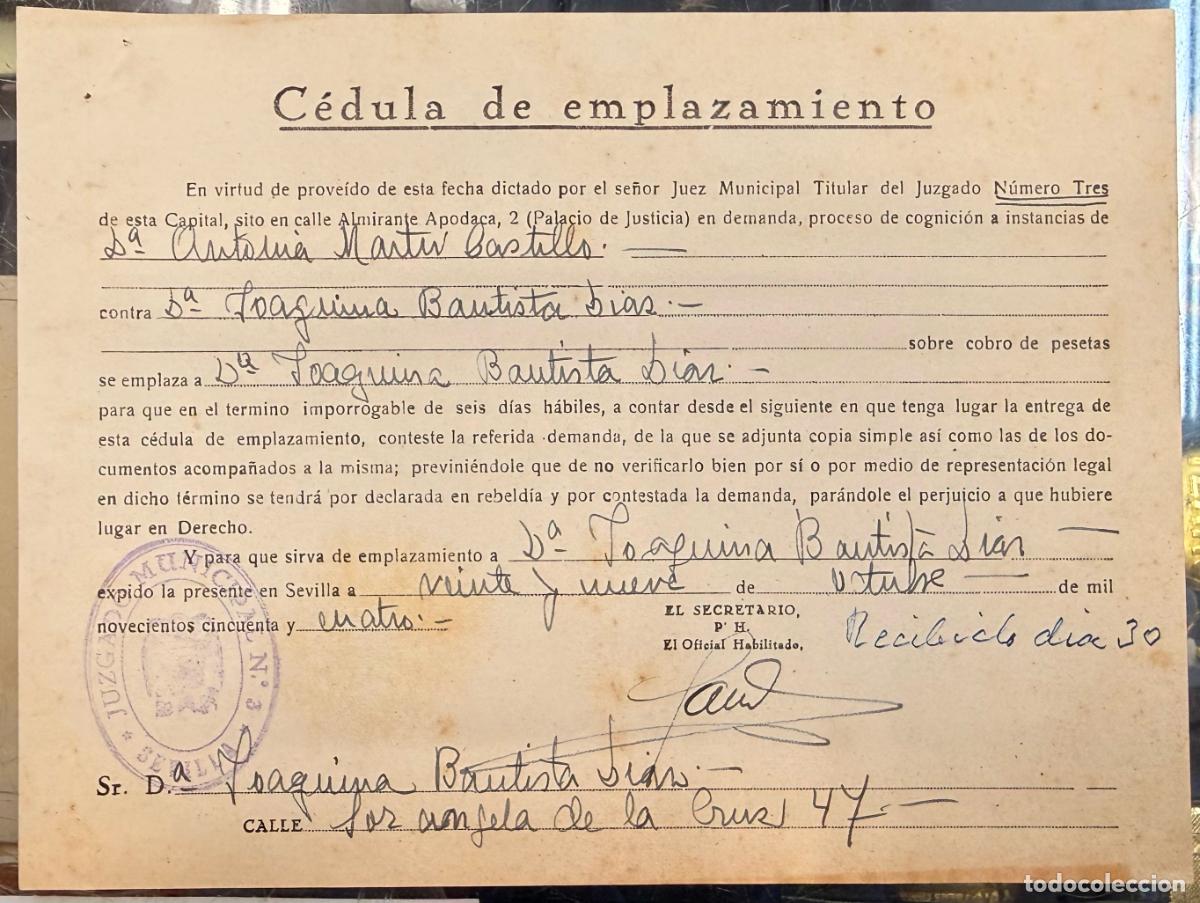 Documentos antiguos: CEDULA DE EMPLAZAMIENTO PENSION HOSPEDAJE 1954 DOCU-47