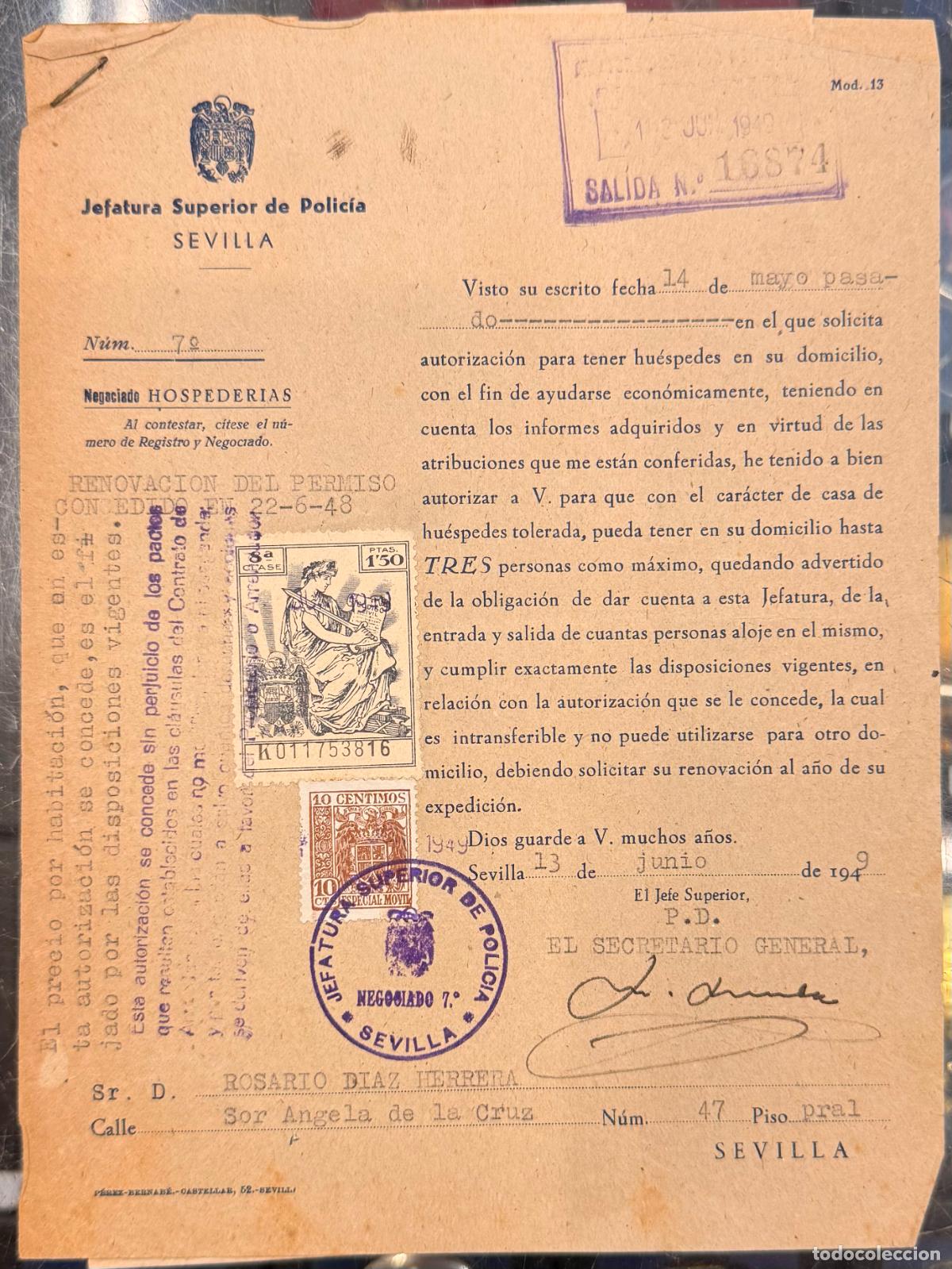 Documentos antiguos: DOCUMENTO HOSPEDAJE RENOVACION PEMISO 13.6.1946 DOCU-49