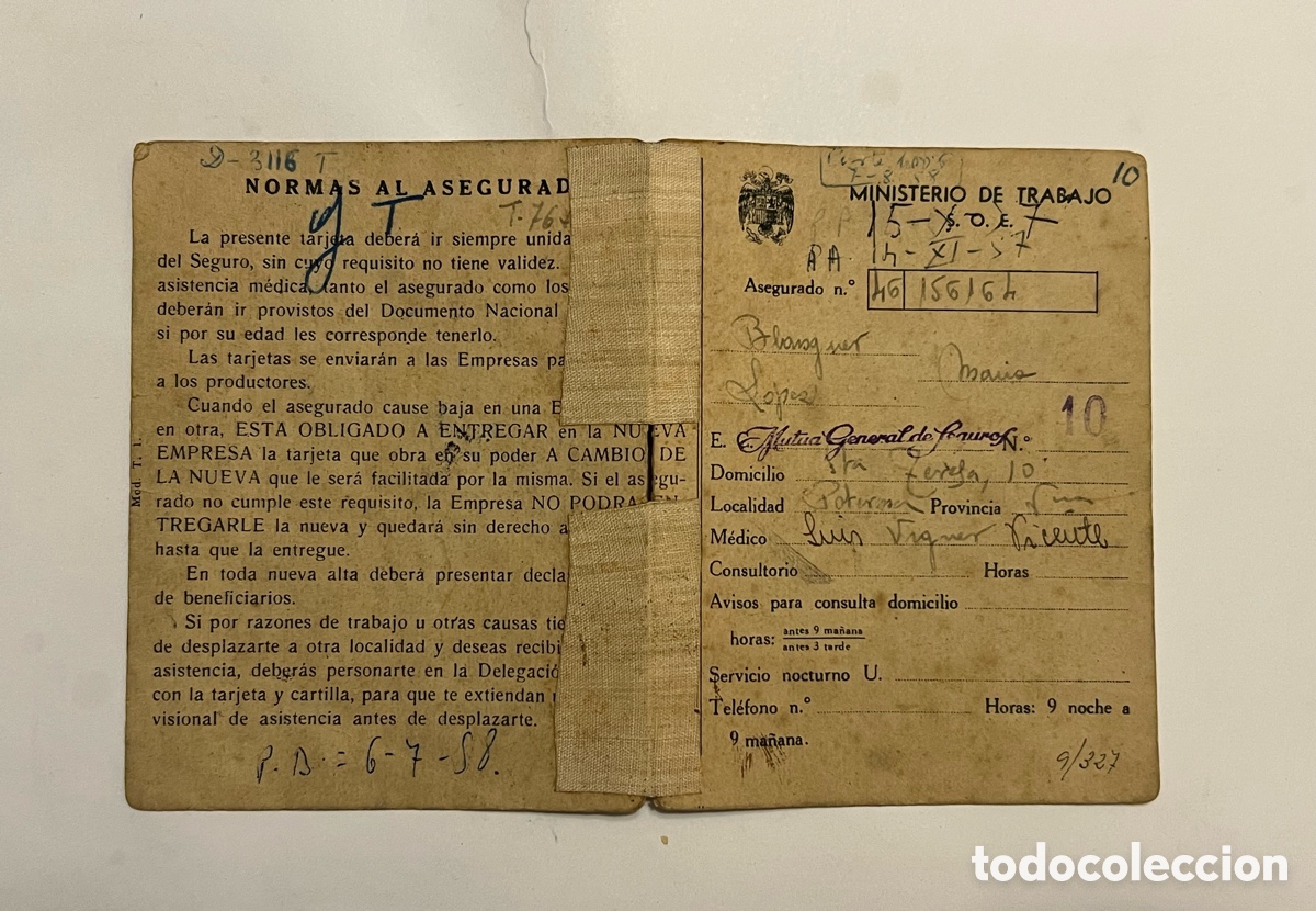 Documentos antiguos: SANIDAD.. Instituto Nacional de Previsi&oacute;n. Tarjeta Sanitaria (a.1957)