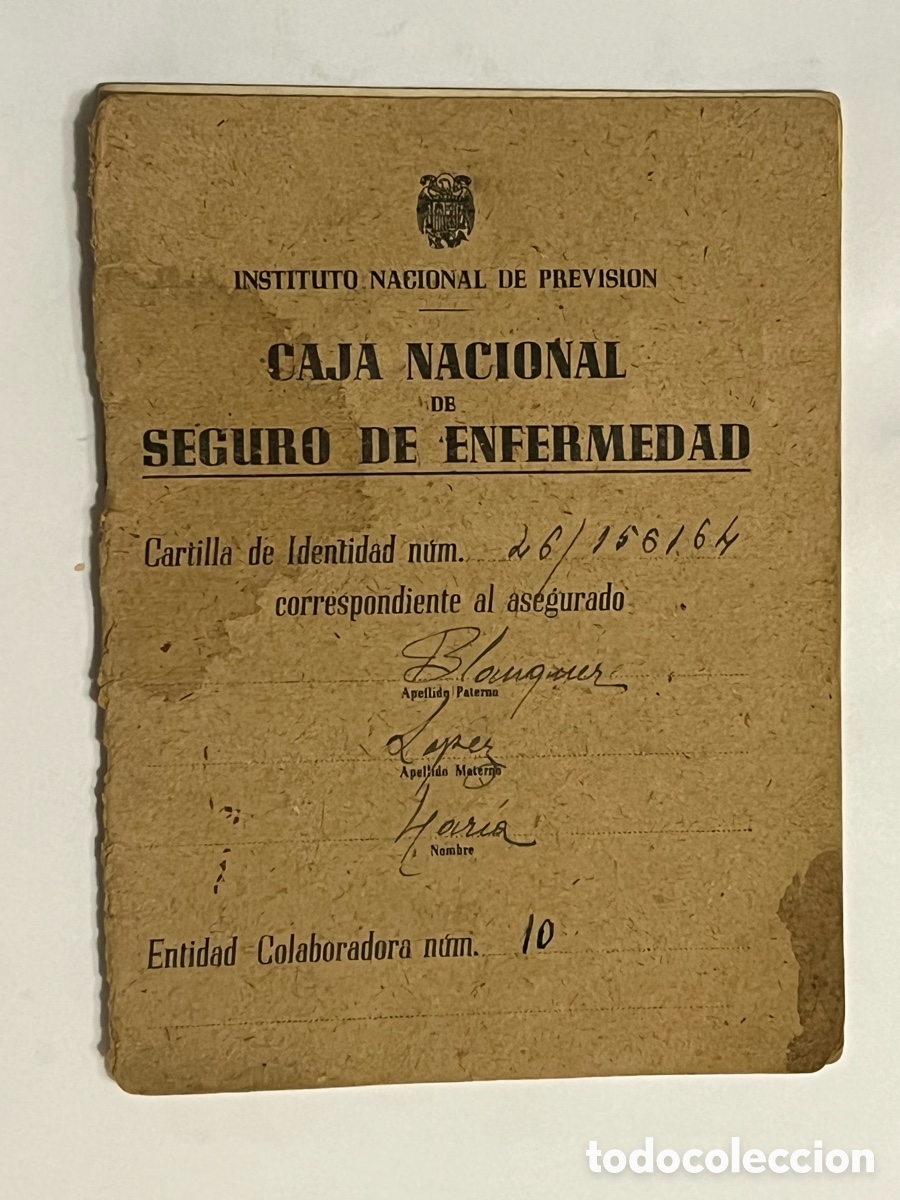 Documentos antiguos: CAJA NACIONAL DEL SEGURO DE ENFERMEDAD. Cartilla de Identidad. PATERNA (a.1946)