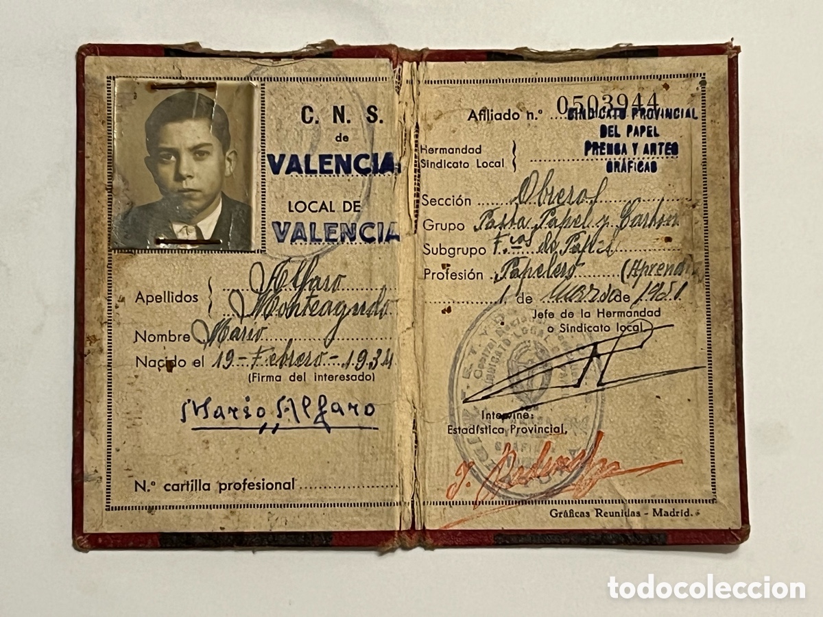 Documentos antiguos: VALENCIA Hermandad Sindical CNS., Sindicato Provincial del Papel Prensa y Artes Gr&aacute;ficas (a.1951)