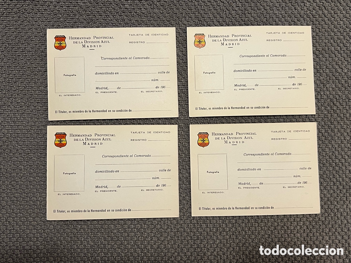 Documentos antiguos: HERMANDAD PROVINCIAL DE LA DIVISION AZUL MADRID (4) Tarjetas de identidad