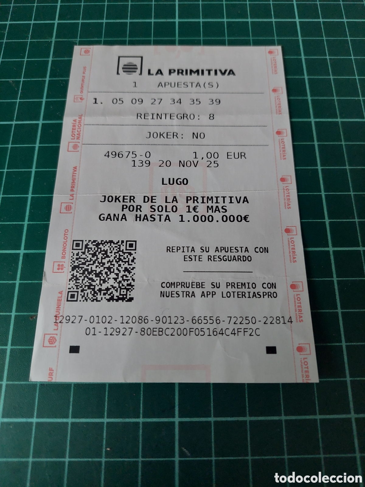Documentos antiguos: LUGO BOLETO APUESTAS LA PRIMITIVA NOV 2025