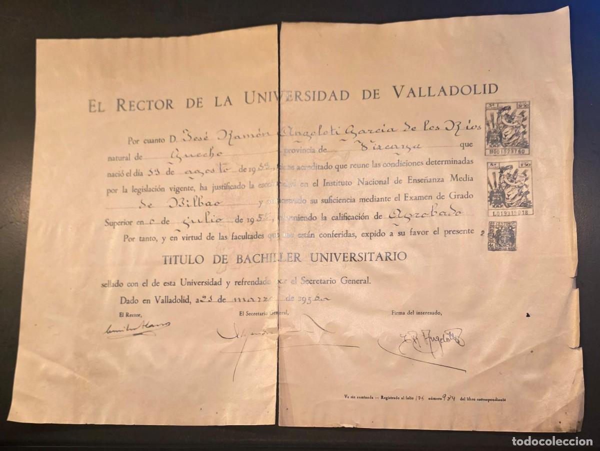 Documentos antiguos: T&iacute;tulo de Bachiller Universitario 1955 &ndash; Universidad de Valladolid &ndash; documento acad&eacute;mico original