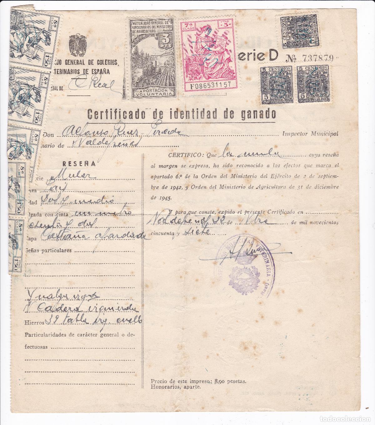 Documentos antiguos: Certificado de identidad de ganado y recibo de compra-venta. A&ntilde;o 1957. Sellos fiscales, p&oacute;lizas, etc