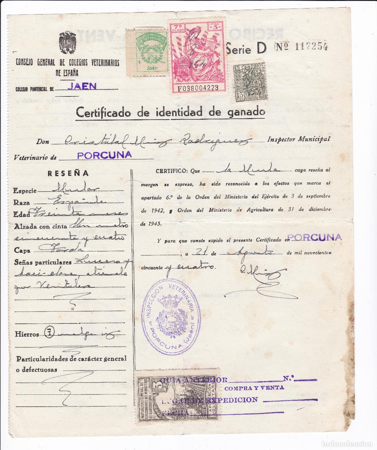 Documentos antiguos: Certificado de identidad de ganado y recibo de compra-venta. A&ntilde;o 1954. Sellos fiscales, p&oacute;lizas, etc