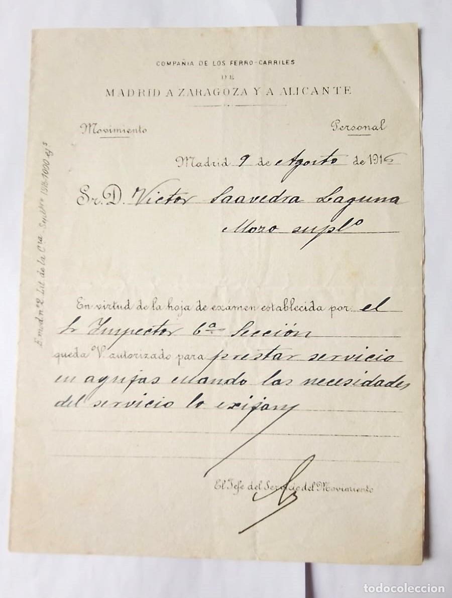 Documentos antiguos: MZA Madrid Zaragoza Alicante. A&ntilde;o 1916. Autorizaci&oacute;n servicio cambio agujas. Ferrocarril Tren RENFE