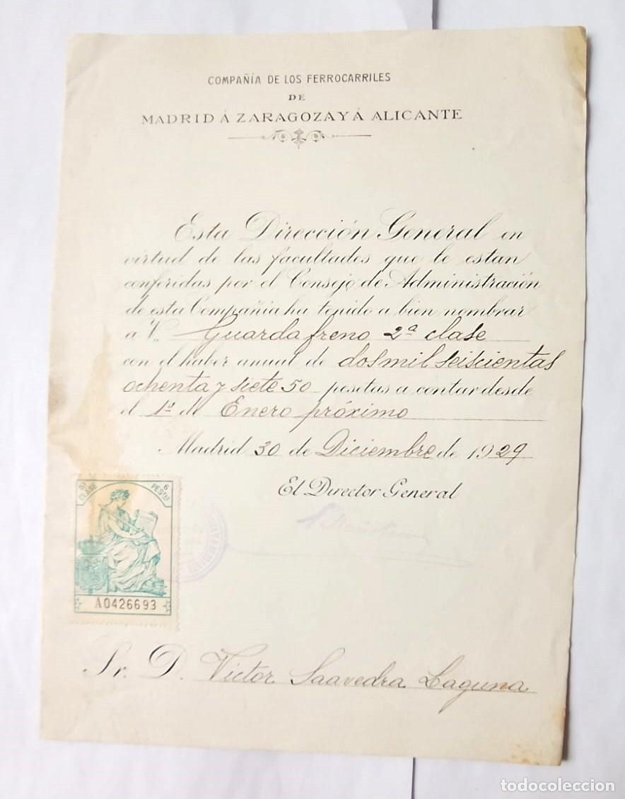 Documentos antiguos: MZA Madrid Zaragoza Alicante. A&ntilde;o 1929. Nombramiento Guarda Freno 2&ordf; Clase. Ferrocarril Tren RENFE