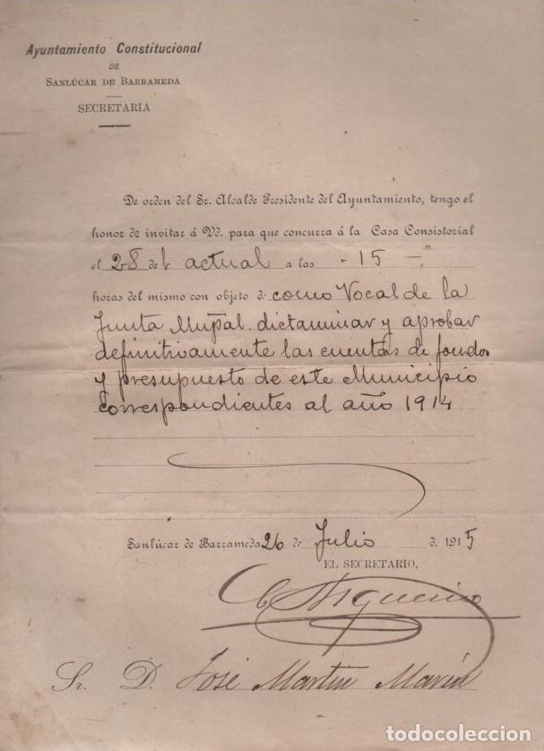 Documentos antiguos: CARTA AYUNTAMIENTO CONSTITUCIONAL SANLUCAR DE BARRAMEDA SECRETARIA 1915 DOCU-67