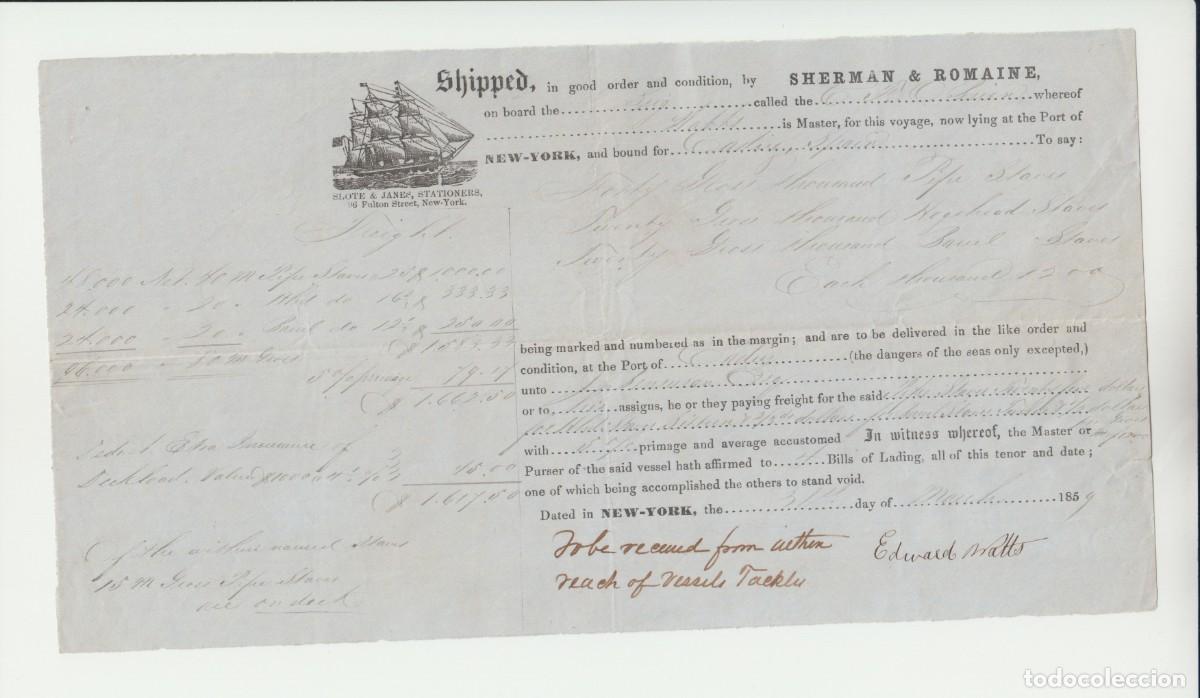 Documentos antiguos: Carta de embarque SHIPPED - Nueva York 1859