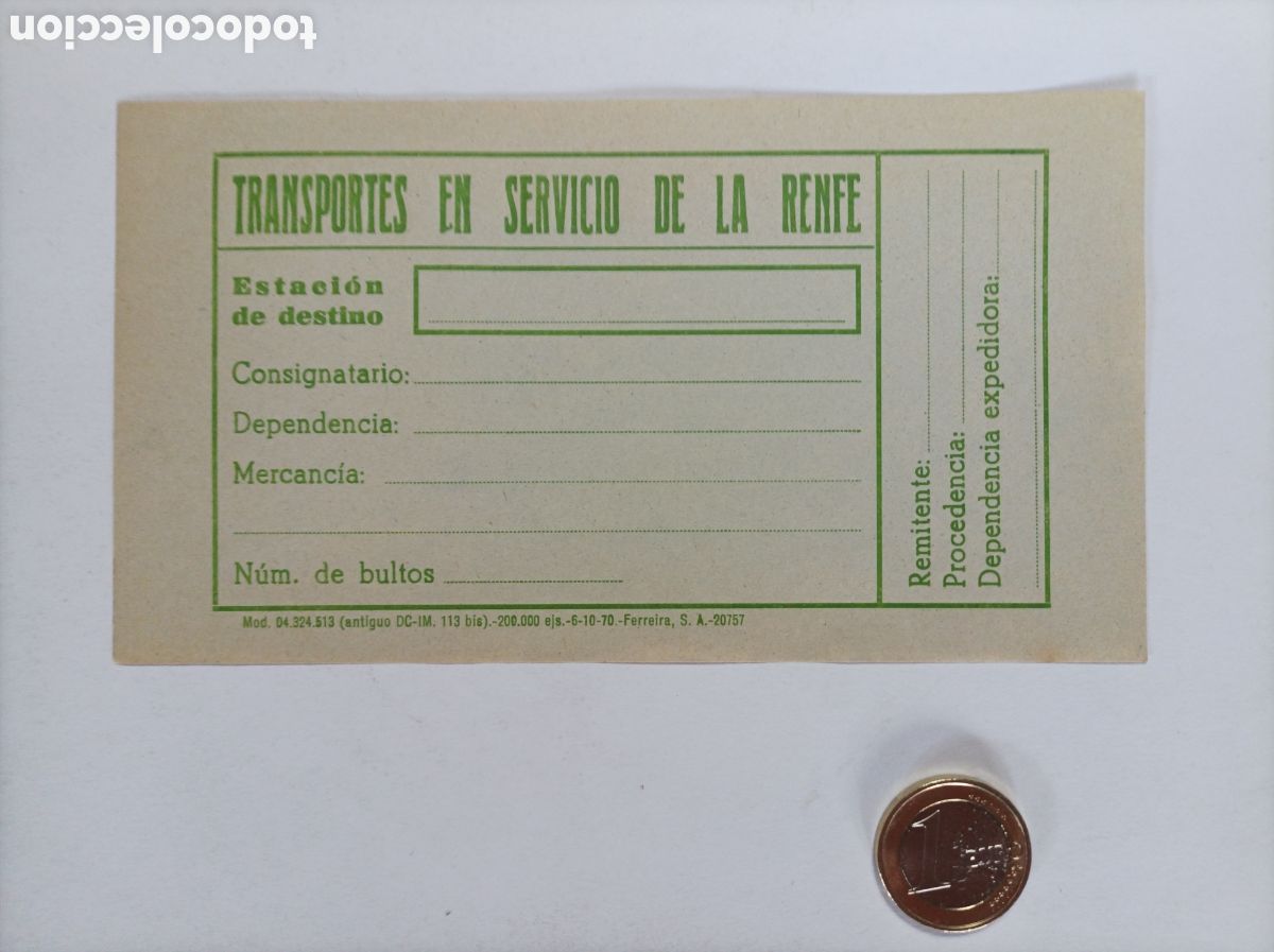 Documentos antiguos: ETIQUETA RENFE. TRANSPORTE S EN SERVICIO. ANTIGUA. SIN USAR.