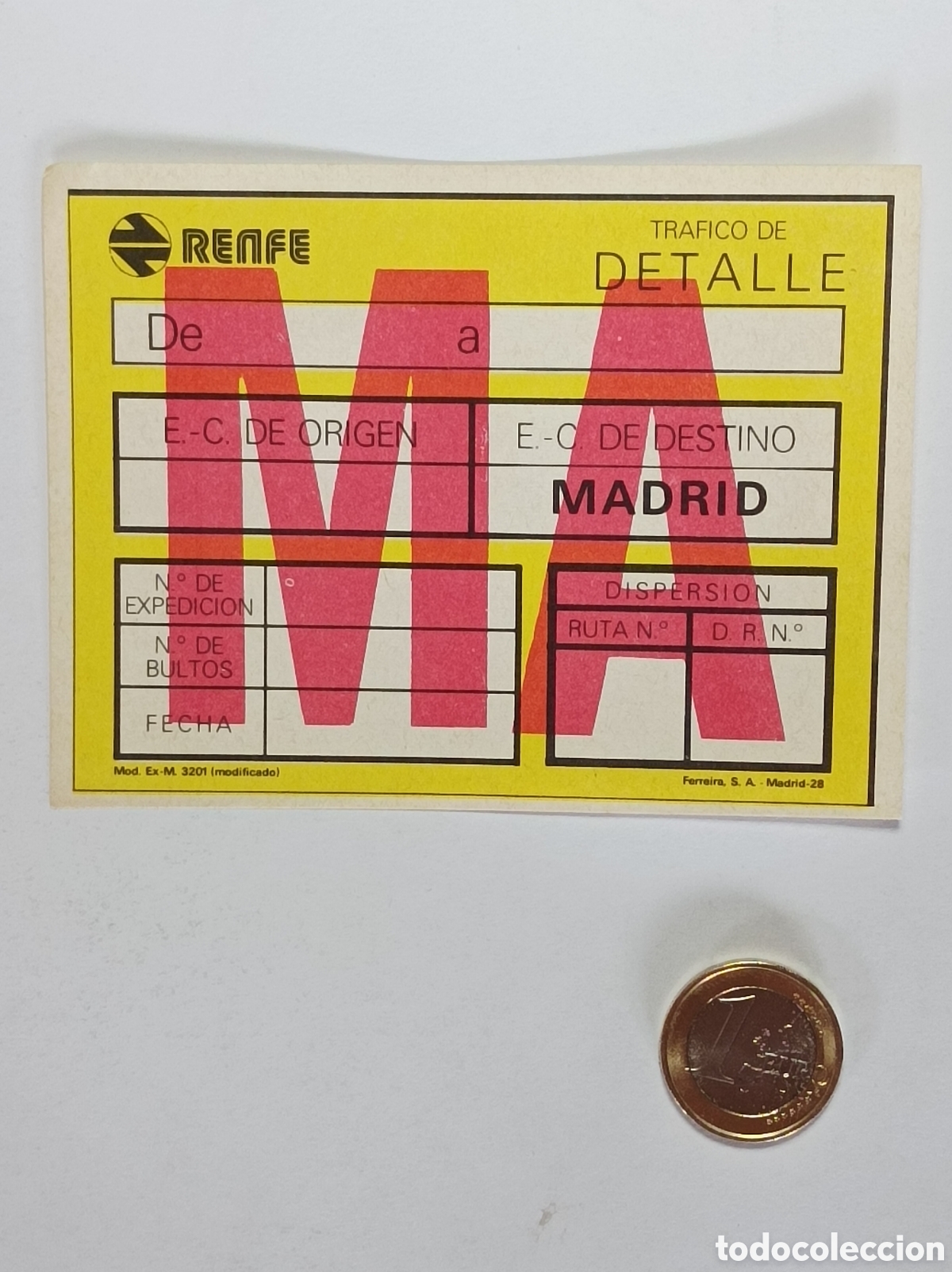 Documentos antiguos: ETIQUETA RENFE. MADRID. TRAFICO DE DETALLE. ANTIGUA. SIN USAR.