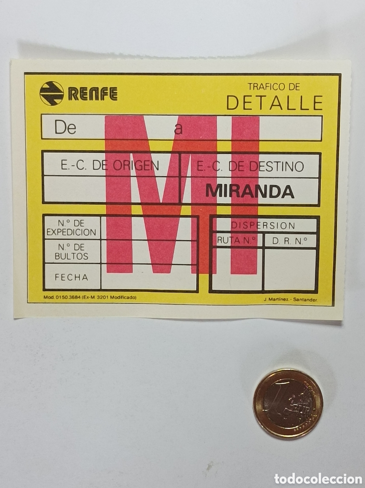 Documentos antiguos: ETIQUETA RENFE. MIRANDA. TRAFICO DE DETALLE. ANTIGUA. SIN USAR.