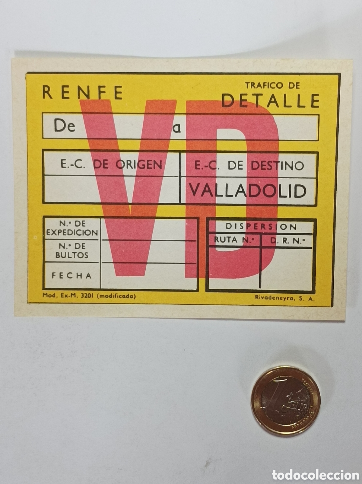 Documentos antiguos: ETIQUETA RENFE. VALLADOLID. TRAFICO DE DETALLE. ANTIGUA. SIN USAR.