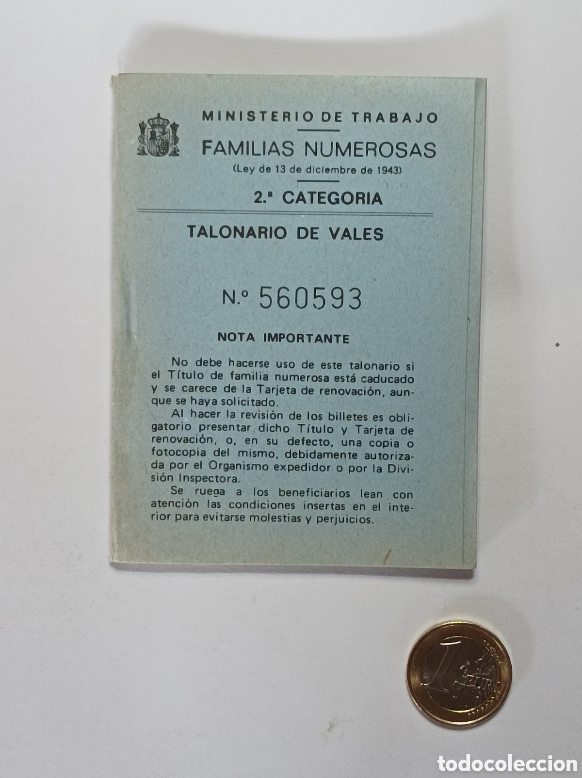 Documentos antiguos: RENFE. TALONARIO DE VALES 2&deg; CATEGOR&Iacute;A FAMILIA NUMEROSA. PERFECTO ESTADO.