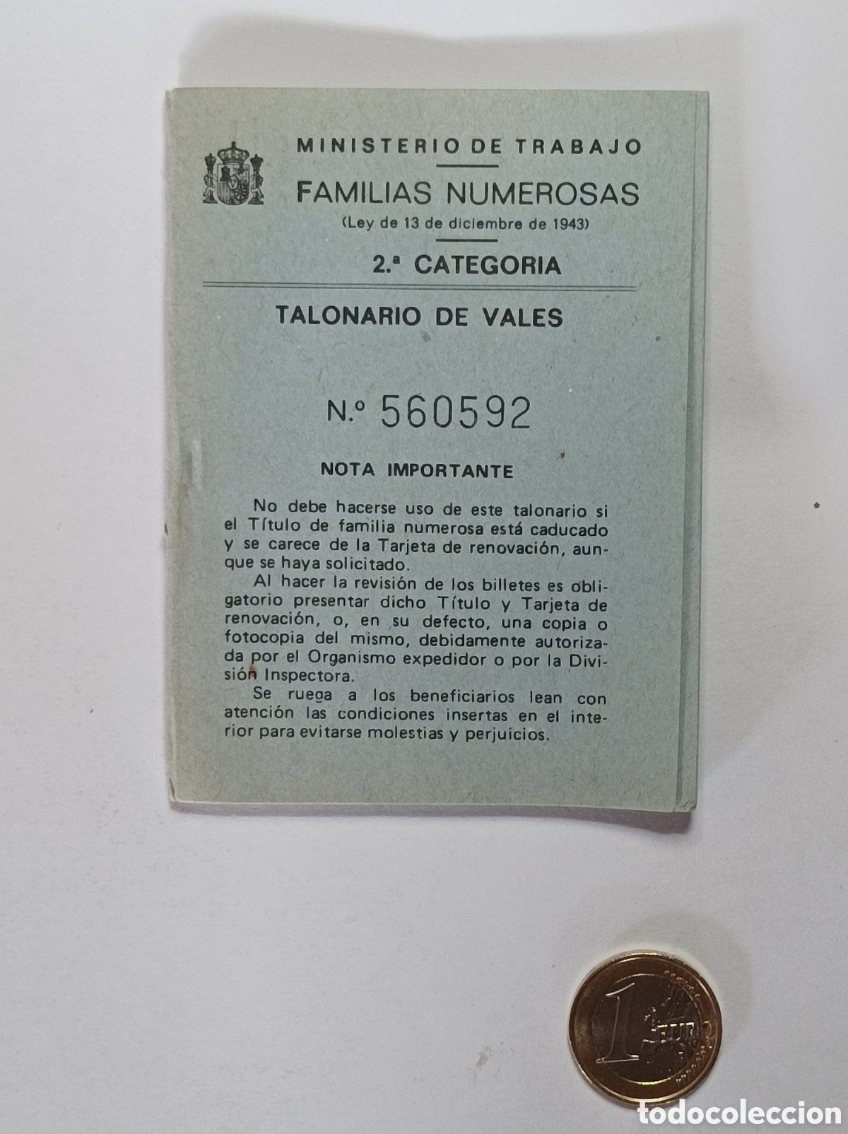 Documentos antiguos: RENFE. TALONARIO DE VALES 2&deg; CATEGORIA. PERFECTO ESTADO.