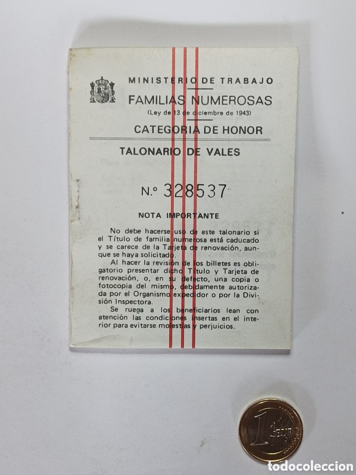 Documentos antiguos: RENFE. TALONARIO DE VALES CATEGOR&Iacute;A DE HONOR. PERFECTO ESTADO.
