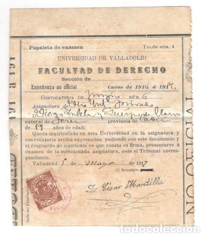 Documentos antiguos: DIEGO ZULETA Y QUEIPO DE LLANO &ndash; UNIVERSIDAD VALLADOLID &ndash; PAPELETA EXAMEN DERECHO 1917