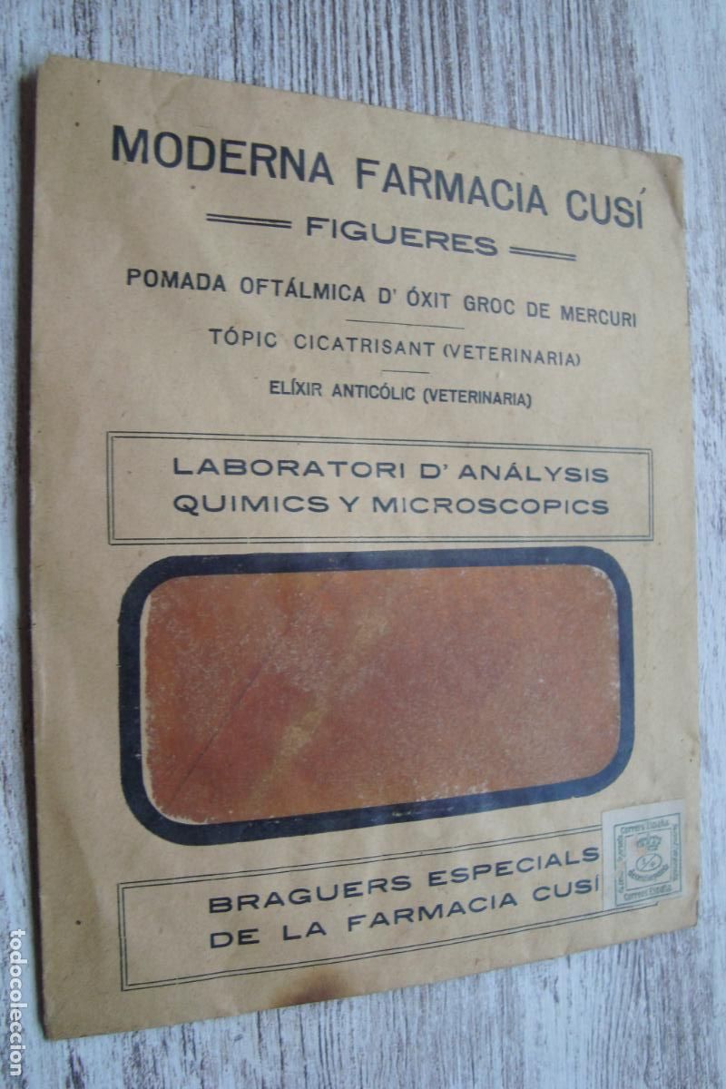 Documentos antiguos: ANTIGUO SOBRE COMERCIAL MODERNA FARMACIA CUS&Iacute;. FIGUERES