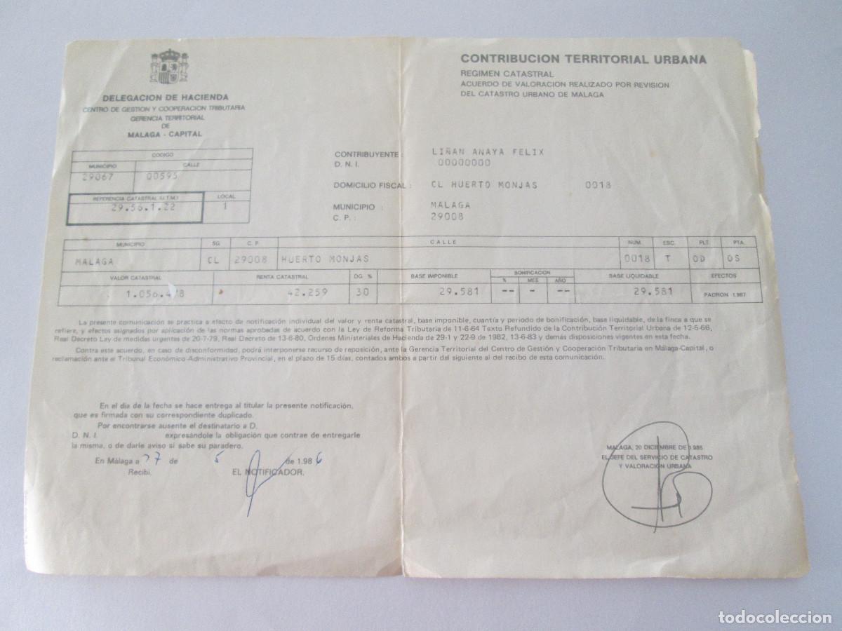 Documentos antiguos: CONTRIBUCION TERRITORIAL URBANA - DELEGACION HACIENDA MALAGA - 1986