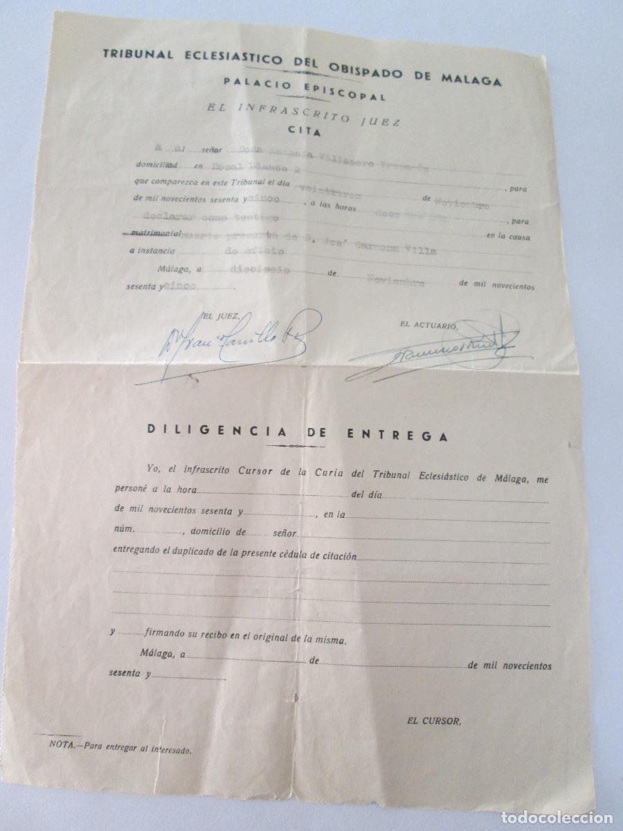 Documentos antiguos: TRIBUNAL ECESIASTICO DEL OBISPADO DE MALAGA - CITACION - 1965 - Foto 1