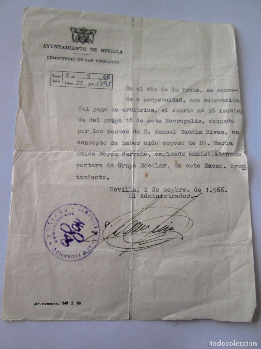 Documentos antiguos: AYUNTAMIENTO DE SEVILLA - CEMENTERIO SAN FERNANDO - 1966