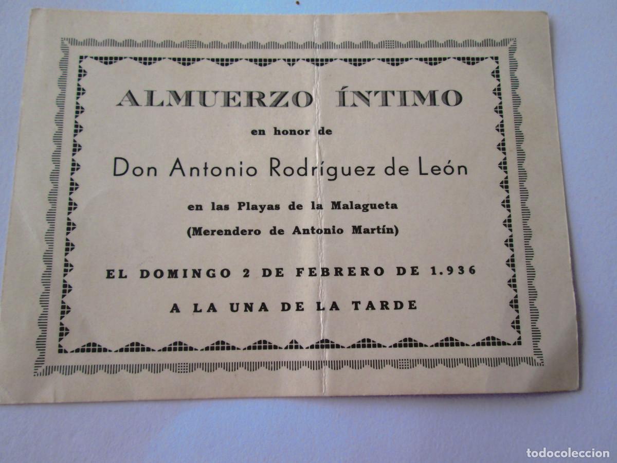 Documentos antiguos: INVITACION A UN ALMUERZO INTIMO EN LAS PLAYAS DE LA MALAGUETA - MERENDERO DE ANTONIO MARTIN - 1936