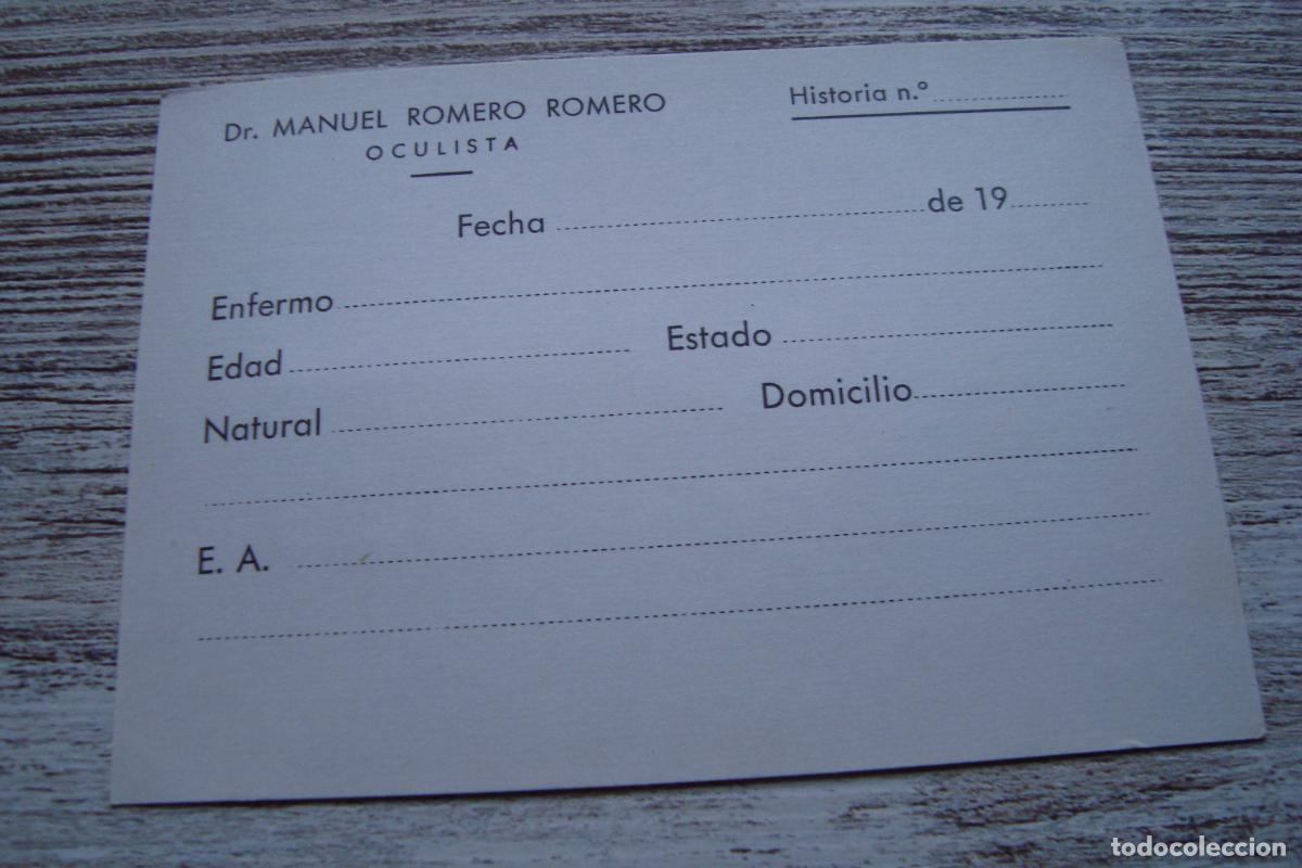 Documentos antiguos: ANTIGUA TARJETA HISTORIA CLINICA. DR. MANUEL ROMERO ROMERO. SEVILLA S.XX