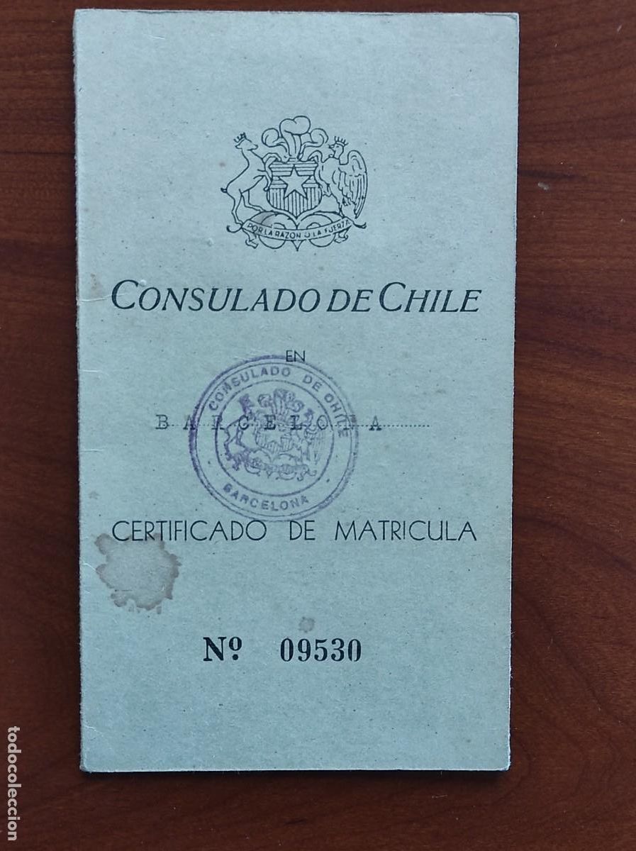 Documentos antiguos: CERTIFICADO DE MATR&Iacute;CULA CONSULADO GENERAL DE CHILE EN JULIO 1950 - CALIG (CASTELL&Oacute;N)