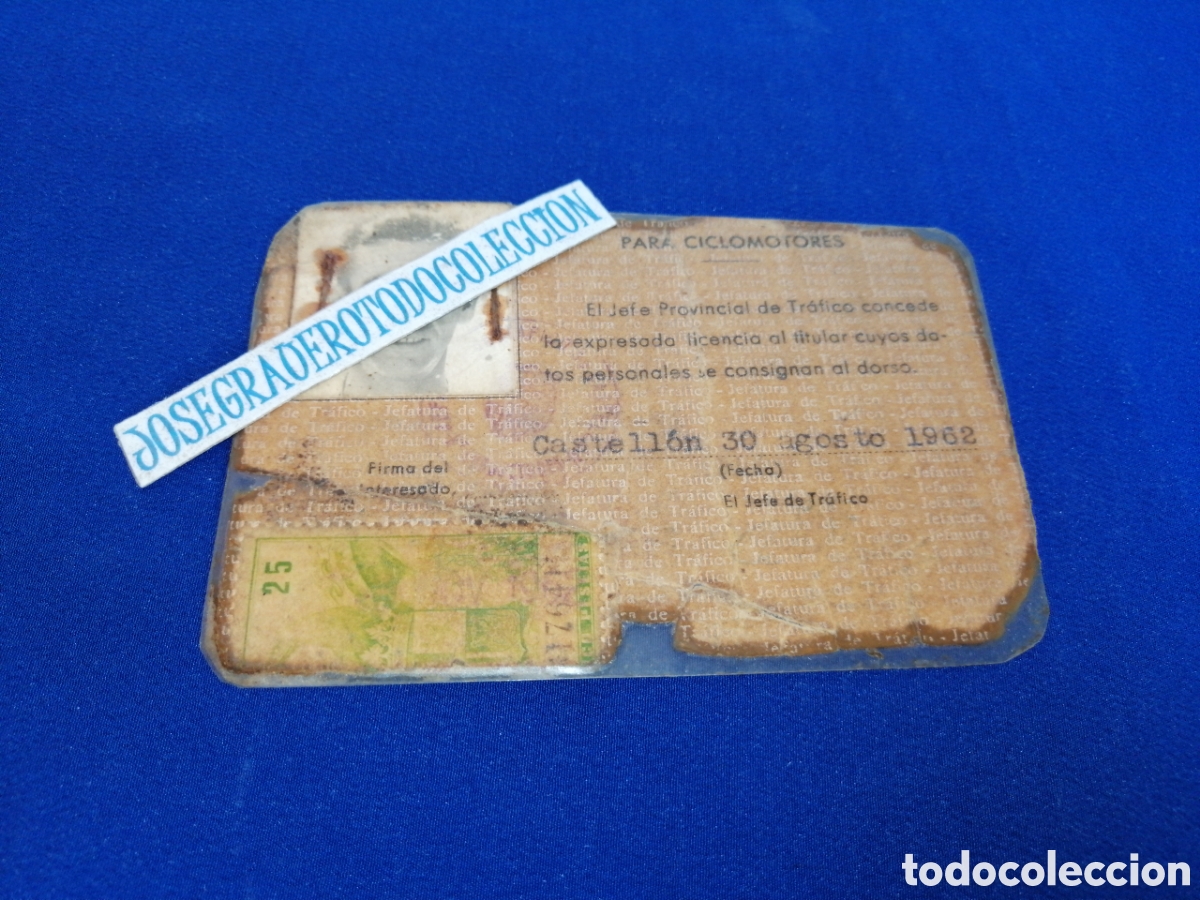 Documentos antiguos: LICENCIA PARA CICLOMOTOR CARNET - CASTELLON A&Ntilde;O 1962