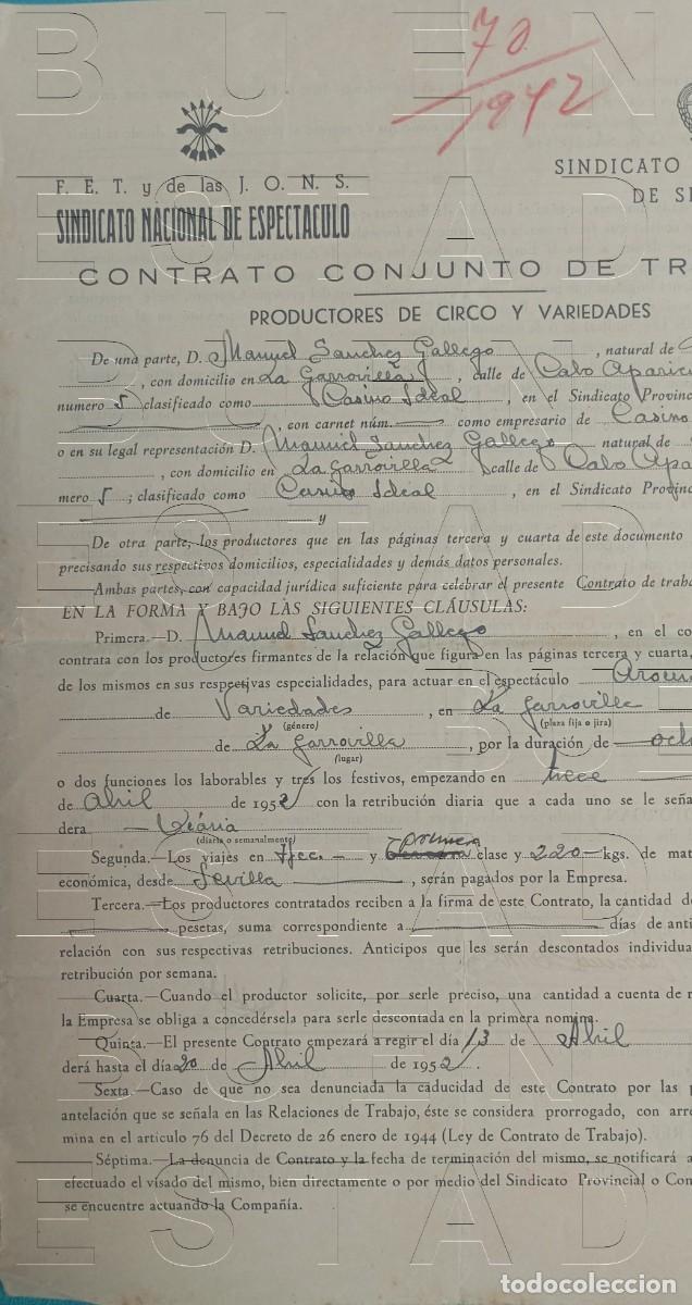 Documentos antiguos: LA GARROVILLA CIRCO Y VARIEDADES CONTRATO DE TRABAJO 1952 MANUEL SANCHEZ GALLEGO LM61