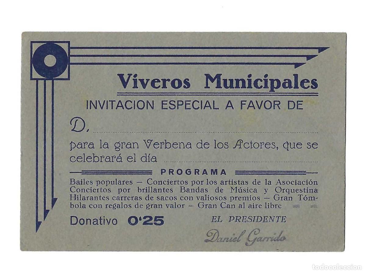 Documentos antiguos: TARJETA INVITACI&Oacute;N- VIVEROS MUNICIPALES. VERBENA DE LOS ACTORES. VALENCIA