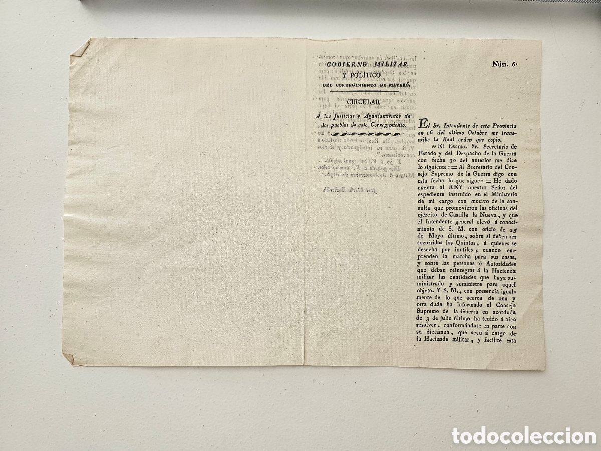 Documentos antiguos: ​Raro Documento Hist&oacute;rico Matar&oacute; (1830) &ndash; Gobierno Militar y Pol&iacute;tico. Reglamento de Quintos y Hacie