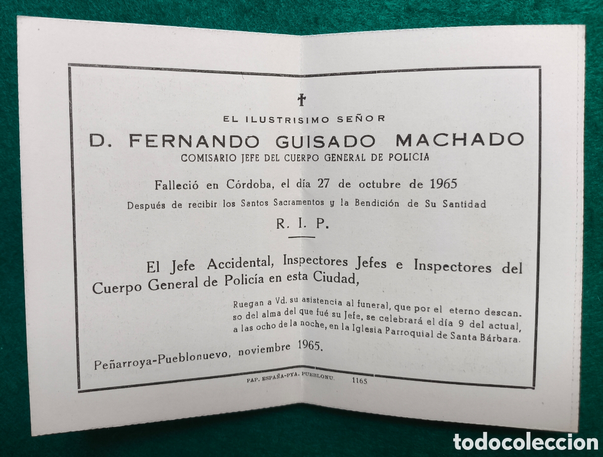 Documentos antiguos: RECORDATORIO DIFUNTOS COMISARIO JEFE CUERPO GENERAL DE POLICIA C&Oacute;RDOBA 1965