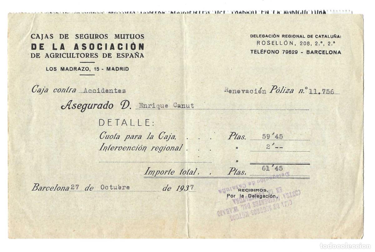 Documentos antiguos: RECIBO- CAJA DE SEGUROS MUTUOS DE LA ASOCIACION DE AGRICULTORES. OLP. L&Eacute;RIDA. 1937