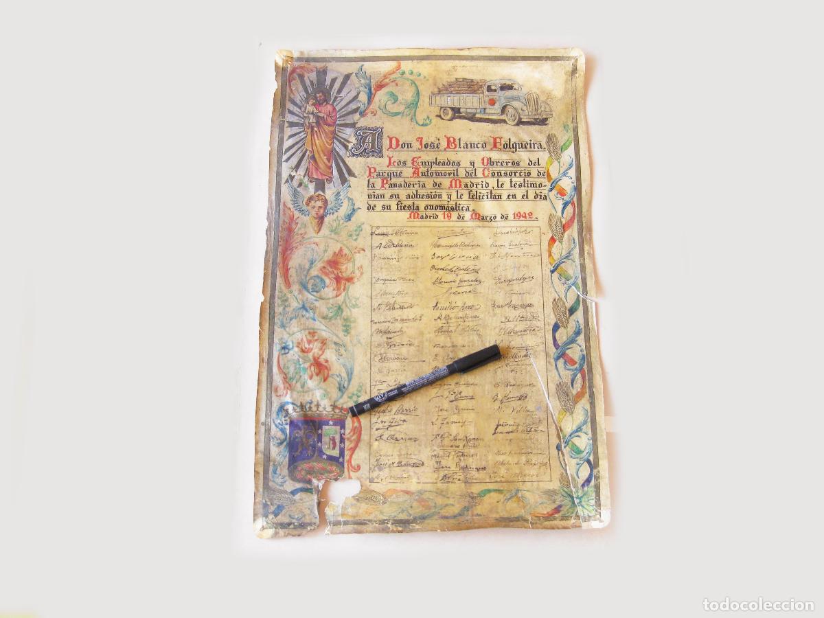 Documentos antiguos: PERGAMINO DE LOS EMPLEADOS DEL PARQUE MOVIL DEL CONSORCIO DE LA PANADER&Iacute;A DE MADRID. 1942
