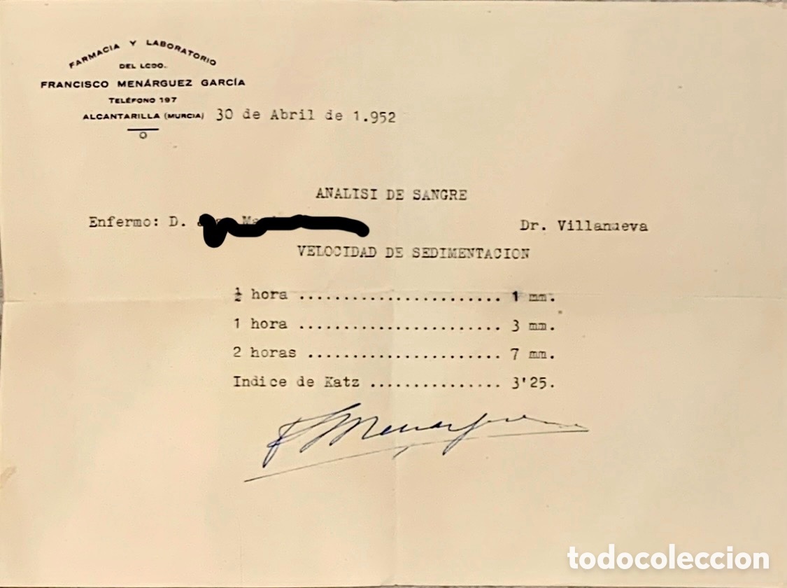 Documentos antiguos: Documento. Anal&iacute;tica de Sangre. Francisco Menarguez Garc&iacute;a. Alcantarilla. Murcia. 1952.