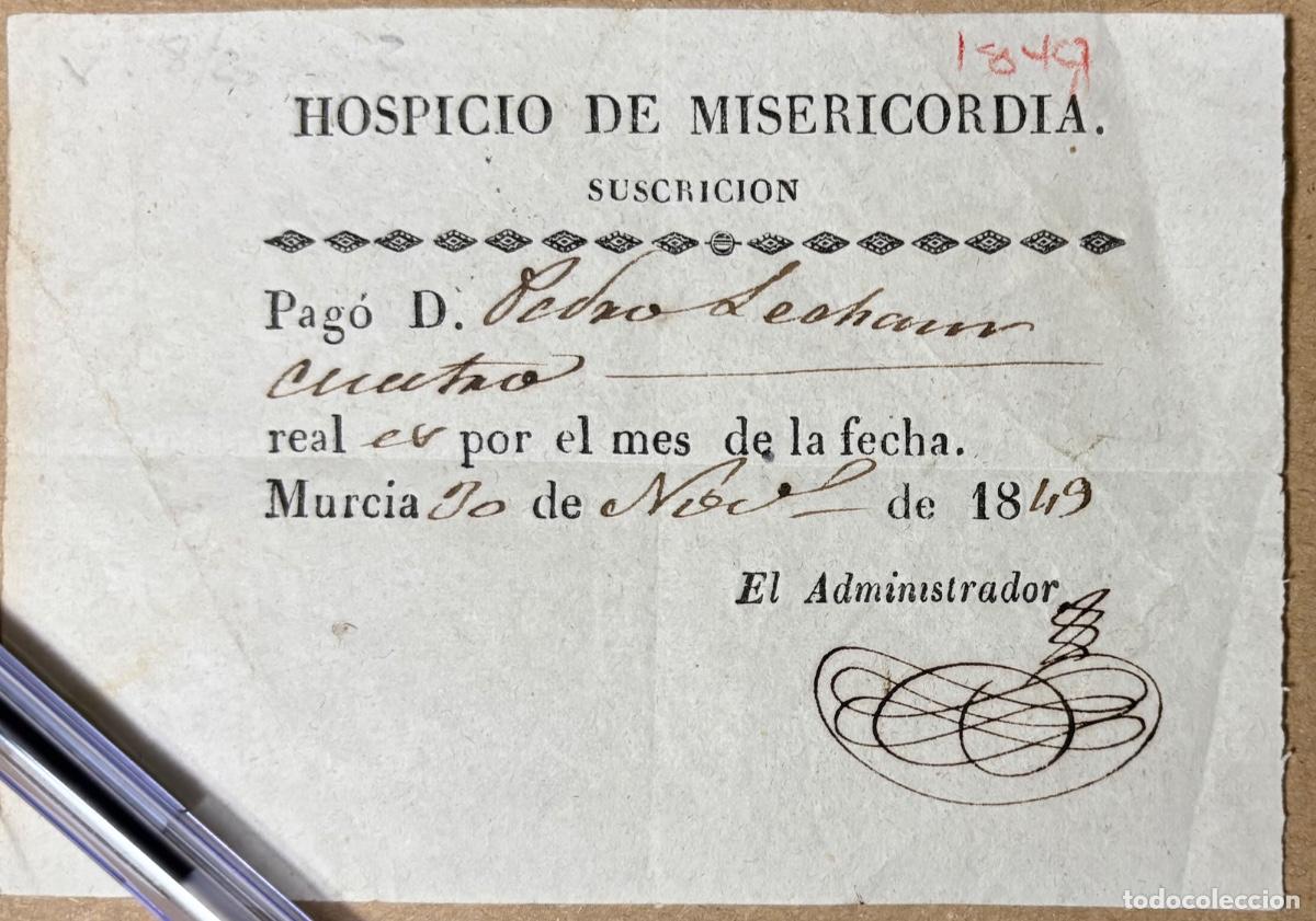 Documentos antiguos: MURCIA- HOSPICIO MISERICORDIA- RECIBO- 1849