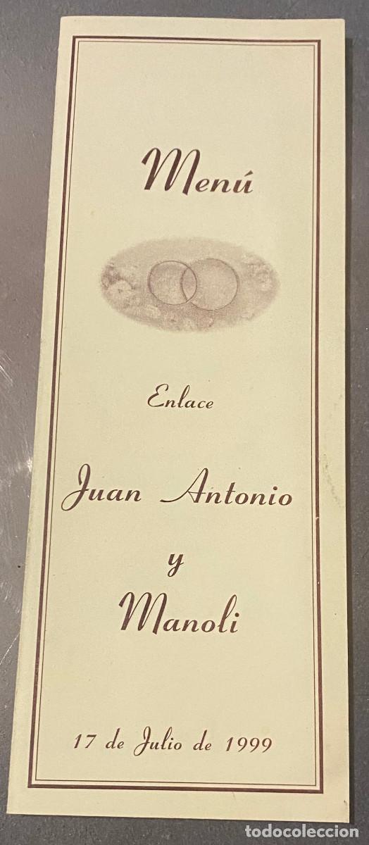 Documentos antiguos: Tarjeta de men&uacute; en celebraci&oacute;n de boda. Brenes, Sevilla, a&ntilde;o 1999. Buen estado.
